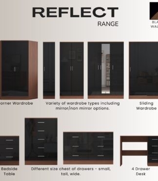 REFLECT High Gloss Bedroom Furniture Wardrobe Chest Bedside Desk - Black/Walnut