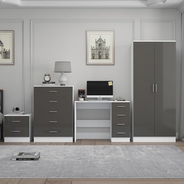 Reflect 2 Door Plain Wardrobe, 5 Drawer Chest, 2 Drawer Bedside & Desk - Grey Gloss & Matt White - Modern Bedroom Furniture Set - Image 3