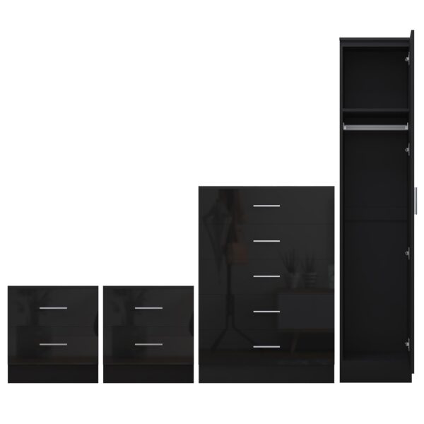 Reflect 1 Door Plain Wardrobe, 5 Drawer Chest, 2x 2 Drawer Bedsides - Black Gloss & Black Oak - Modern Bedroom Furniture Set - Image 5