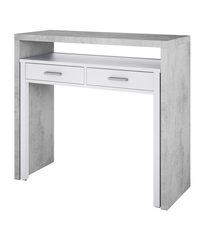 AMBRA Extending Computer Desk with 2 Storage Drawers - Home Office & Console Table for Bedroom, Living Room, Hallway - White/Grey.