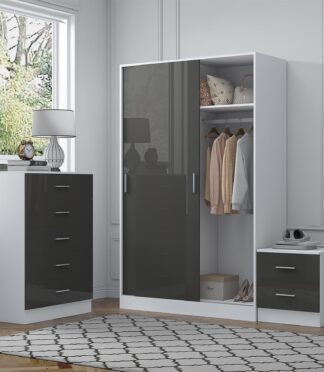Reflect 2 Door Sliding Wardrobe, 5 Drawer Chest, 2 Drawer Bedside - Grey Gloss & Matt White - Modern Bedroom Furniture Set