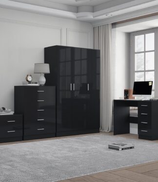 Reflect 3 Door Plain Wardrobe, 5 Drawer Chest, 2 Drawer Bedside & Desk - Black Gloss & Black Oak - Modern Bedroom Furniture Set