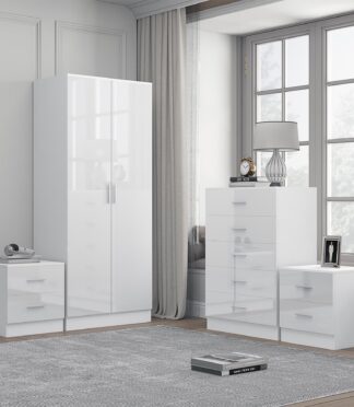 Reflect 2 Door Plain Wardrobe, 5 Drawer Chest, 2x 2 Drawer Bedsides - White Gloss & Matt White - Modern Bedroom Furniture Set