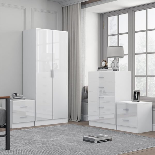 Reflect 2 Door Plain Wardrobe, 5 Drawer Chest, 2x 2 Drawer Bedsides - White Gloss & Matt White - Modern Bedroom Furniture Set