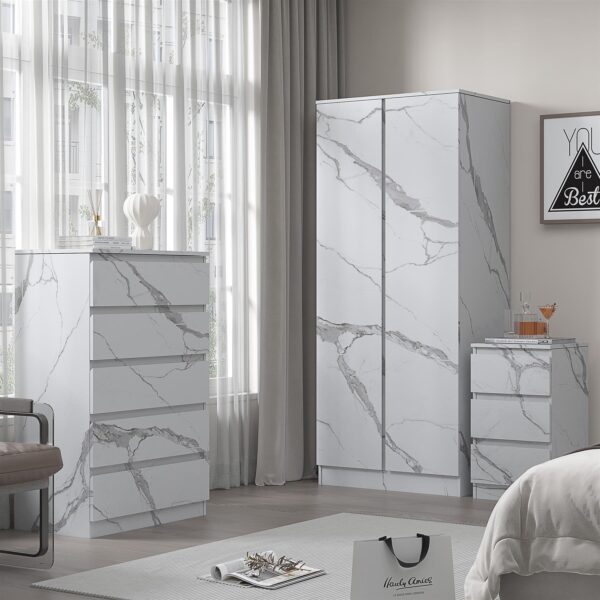 ZITA White Marble Effect 3 Piece Set - 2 Door Wardrobe, 5 Drawer Chest & 3 Drawer Bedside, Stylish Bedroom Storage - Image 2
