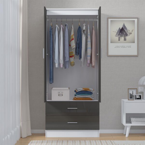 Reflect 2 Door 2 Drawer Combi Plain Wardrobe - Grey Gloss & Matt White - Hanging Rails, Drawers & Shelf - H: 180cm x W: 76cm - Image 6