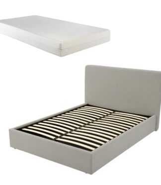 TEDDY BOUCLE 5FT King White Ottoman Storage Bed Gas Lift Up - (L) 220cm x (W) 170cm (H) 113cm with 25cm Memory Foam Mattress