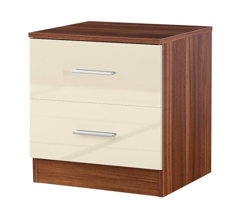 Reflect 2 Drawer Bedside - Cream Gloss & Walnut - Modern Nightstand for Bedroom Storage - H: 48.5cm x W: 45cm x D: 39.5cm - Image 2