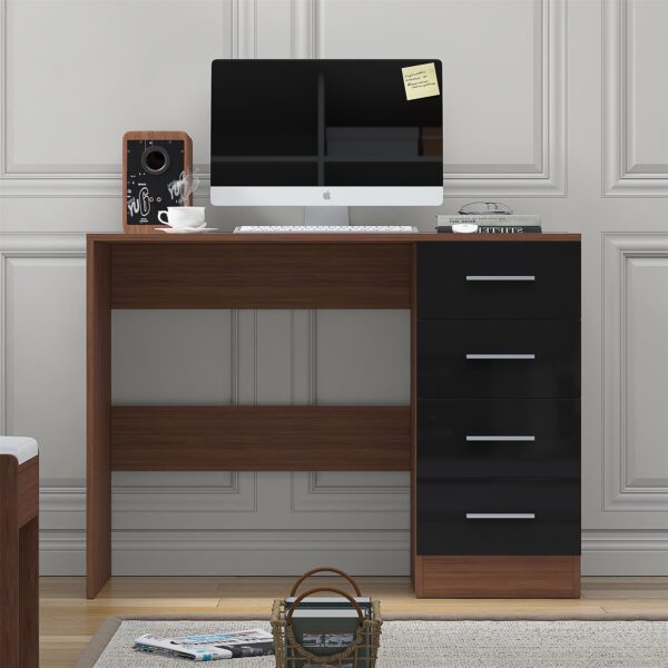 Reflect 4 Drawer Desk - Black Gloss & Walnut - Modern Bedroom Storage for Vanity, Work or Study - H: 72cm x W: 99cm x D: 39.5cm - Image 2