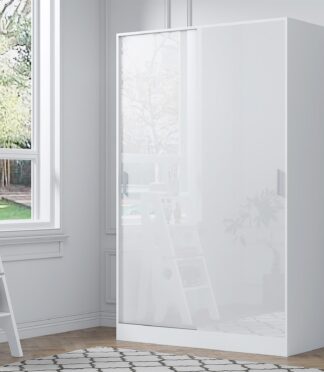 Reflect 2 Door Sliding Wardrobe - White Gloss & Matt White - Hanging Rails & Shelves - H:180cm x W:120cm x D: 58cm - Modern Design