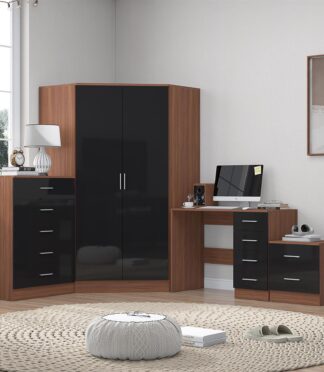 Reflect 2 Door Corner Wardrobe, 5 Drawer Chest, 2 Drawer Bedside & Desk - Black Gloss & Walnut - Bedroom Furniture Set