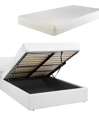 LUNA 4FT6 Double White Ottoman Storage Bed with Gas Lift & 15cm Thick Memory Foam Mattress - L: 203cm x W: 153cm x H: 88.5cm