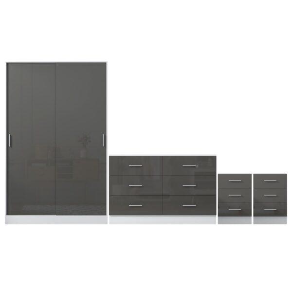Reflect 2 Door Sliding Wardrobe, 6 Drawer Wide Chest, 2x3 Drawer Bedsides - Grey Gloss & Matt White - Modern Bedroom Furniture Set - Image 9