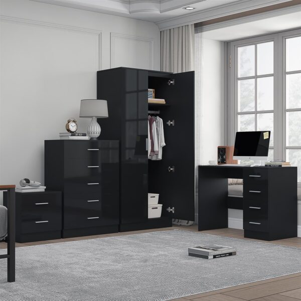 Reflect 2 Door Mirror Wardrobe, 5 Drawer Chest, 2 Drawer Bedside & Desk - Black Gloss & Black Oak - Modern Bedroom Furniture Set - Image 2