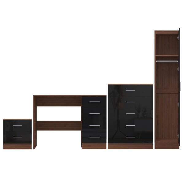 Reflect 1 Door Plain Wardrobe, 5 Drawer Chest, 2 Drawer Bedside & Desk - Black Gloss & Walnut - Bedroom Furniture Set - Image 9