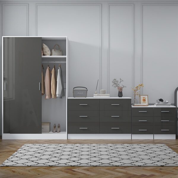 Reflect 2 Door Sliding Wardrobe, 6 Drawer Wide Chest, 2x3 Drawer Bedsides - Grey Gloss & Matt White - Modern Bedroom Furniture Set - Image 3