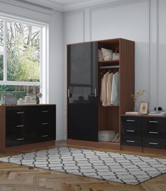 Reflect 2 Door Sliding Wardrobe, 6 Drawer Wide Chest, 2x 3 Drawer Bedsides - Black Gloss & Walnut - Modern Bedroom Furniture Set