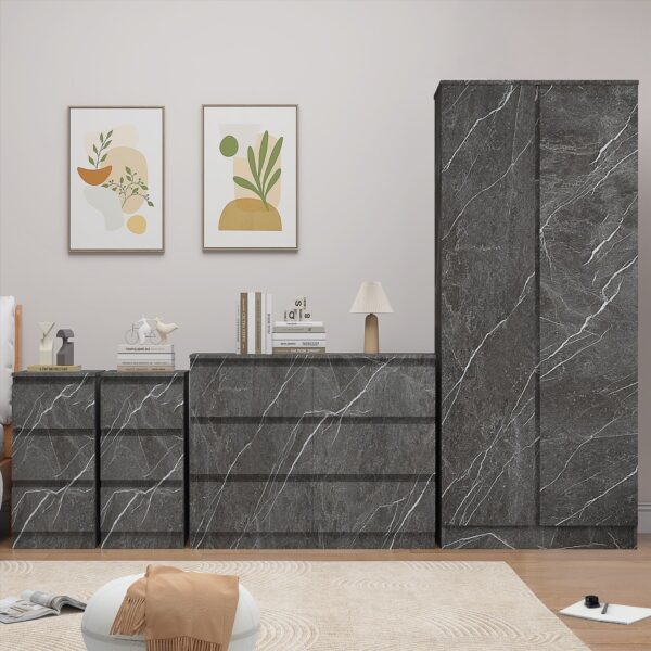 ZITA Grey Marble Effect 4 Piece Bedroom Set - Wardrobe, 6 Drawer Chest & 2 Bedside Tables, Stylish Bedroom Furniture - Image 3