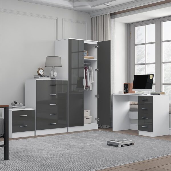Reflect 2 Door Plain Wardrobe, 5 Drawer Chest, 2 Drawer Bedside & Desk - Grey Gloss & Matt White - Modern Bedroom Furniture Set - Image 2
