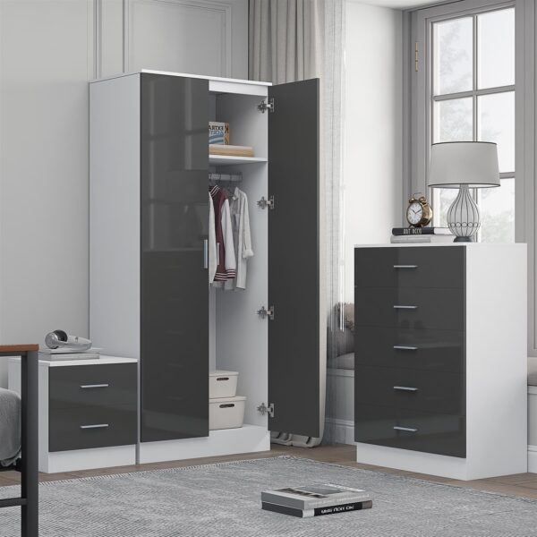 Reflect 2 Door Mirror Wardrobe, 5 Drawer Chest, 2 Drawer Bedside - Grey Gloss & Matt White - Modern Bedroom Furniture Set - Image 2