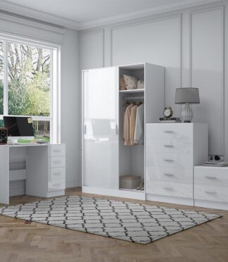 Reflect 2 Door Sliding Wardrobe, 5 Drawer Chest, 2 Drawer Bedside & Desk - White Gloss & Matt White - Modern Bedroom Furniture Set