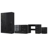 Reflect 2 Door Sliding Wardrobe, 6 Drawer Wide Chest, 3 Drawer Bedside, 4 Drawer Desk - Black Gloss & Black Oak - Modern Bedroom Furniture Set.