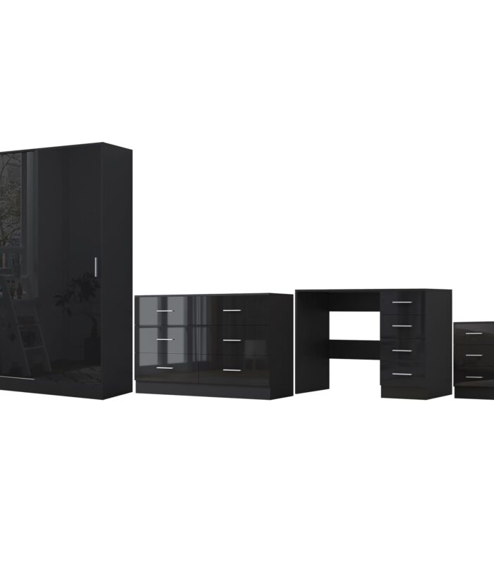 Reflect 2 Door Sliding Wardrobe, 6 Drawer Wide Chest, 3 Drawer Bedside, 4 Drawer Desk - Black Gloss & Black Oak - Modern Bedroom Furniture Set.