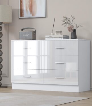 Reflect Wide 6 Drawer Chest - White Gloss & Matt White - Modern Bedroom Storage Unit with Drawers - H: 75cm x W: 112cm x D: 40cm