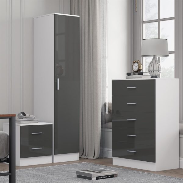 Reflect 1 Door Plain Wardrobe, 5 Drawer Chest, 2 Drawer Bedside - Grey Gloss & Matt White - Bedroom Furniture Set