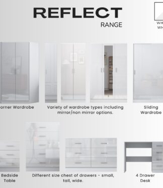 REFLECT High Gloss Bedroom Furniture Wardrobe Chest Bedside Desk Option in White