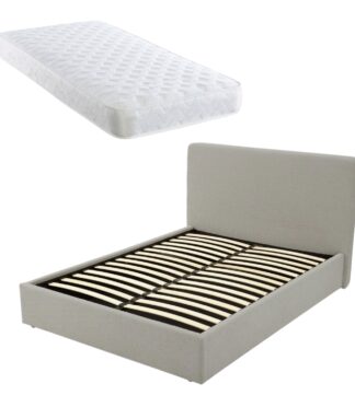 TEDDY BOUCLE 5FT King White Ottoman Storage Bed Gas Lift Up - (L) 220cm x (W) 170cm (H) 113cm with Bonnell Spring Mattress