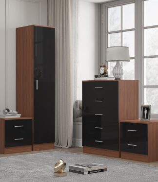 Reflect 1 Door Plain Wardrobe, 5 Drawer Chest, 2x 2 Drawer Bedsides - Black Gloss & Walnut - Modern Bedroom Furniture Set