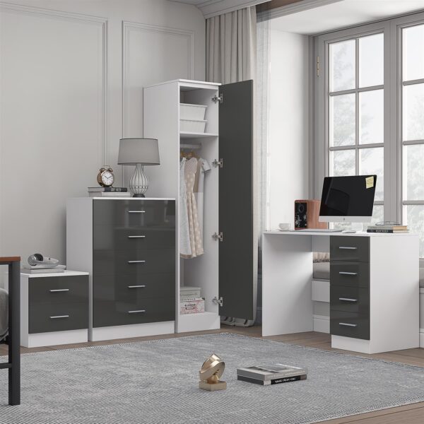 Reflect 1 Door Plain Wardrobe, 5 Drawer Chest, 2 Drawer Bedside & Desk - Grey Gloss & Matt White - Bedroom Furniture Set - Image 3