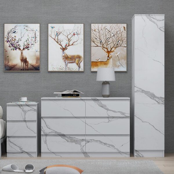 ZITA White Marble Effect 3 Piece Bedroom Set - 1-Door Wardrobe, Wide Chest & Bedside Table, Stylish Modern Bedroom Furniture - Image 3