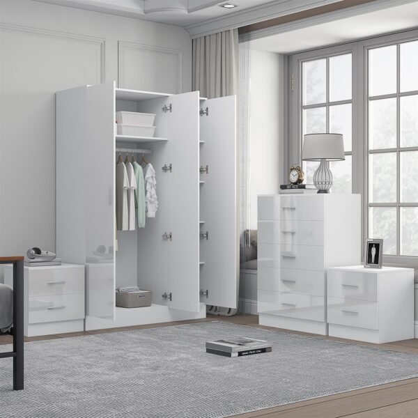 REFLECT Gloss 4pc Set - 3 Door Mirrored Wardrobe + 5 Draw Chest + 2 Bedsides - Image 36