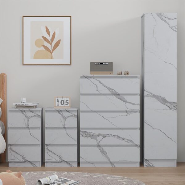 ZITA 4pc Set - 1 Door Wardrobe + Tall Chest + 2 Bedsides in White OR Grey Marble - Image 15