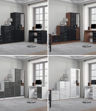 REFLECT Gloss 4pc Set - 2 Door Mirrored Wardrobe + 5 Draw Chest + Bedside + Desk