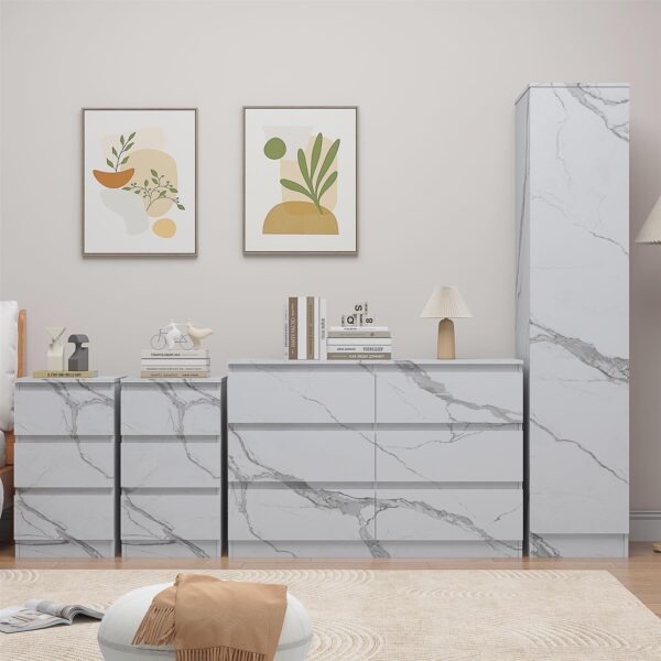 ZITA White Marble Effect 4pc Bedroom Set - 1-Door Wardrobe, Wide Chest & 2 Bedside Tables, Contemporary Bedroom Storage Solution - Image 3