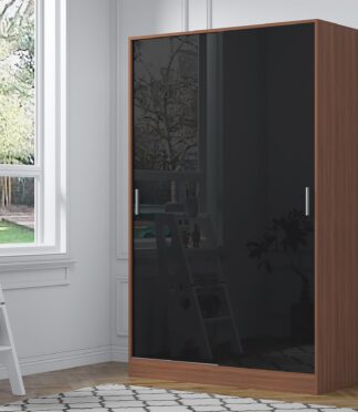 Reflect 2 Door Sliding Wardrobe - Black Gloss & Walnut - Hanging Rails & Shelves - H: 180cm x W: 120cm x D: 58cm - Modern Design