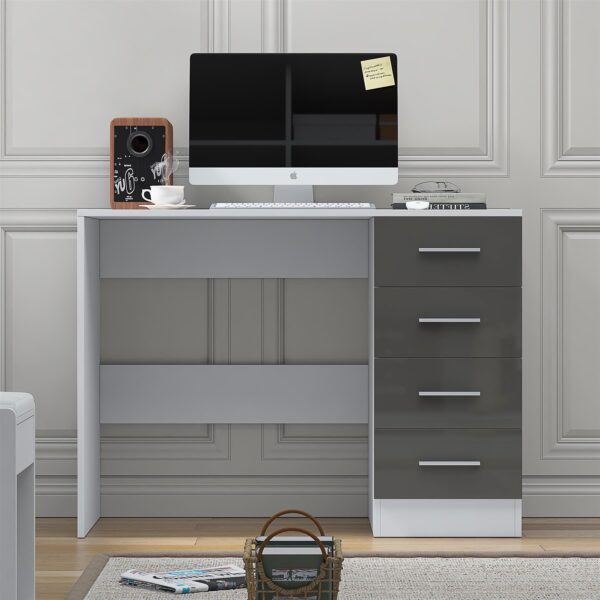 Reflect 4 Drawer Desk - Grey Gloss & Matt White - Modern Bedroom Storage for Vanity, Work or Study - H: 72cm x W: 99cm x D: 39.5cm - Image 2