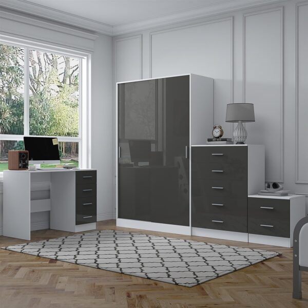 Reflect 2 Door Sliding Wardrobe, 5 Drawer Chest, 2 Drawer Bedside & Desk - Grey Gloss & Matt White - Modern Bedroom Furniture Set - Image 2