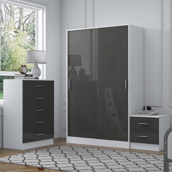 Reflect 2 Door Sliding Wardrobe, 5 Drawer Chest, 2 Drawer Bedside - Grey Gloss & Matt White - Modern Bedroom Furniture Set - Image 3