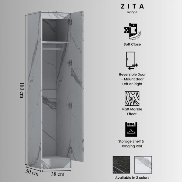 ZITA Compact 1-Door Wardrobe in White Marble Effect - Bedroom Storage, (L) 50cm x (W) 37.5cm x (H) 180cm, Stylish and Space-Saving - Image 9