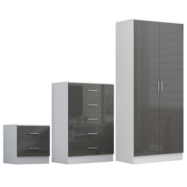 Reflect 2 Door Plain Wardrobe, 5 Drawer Chest, 2 Drawer Bedside - Grey Gloss & Matt White - Modern Bedroom Furniture Set - Image 6