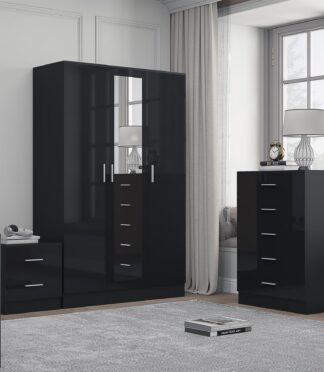Reflect 3 Door Mirror Wardrobe, 5 Drawer Chest, 2 Drawer Bedside - Black Gloss & Black Oak - Modern Bedroom Furniture Set
