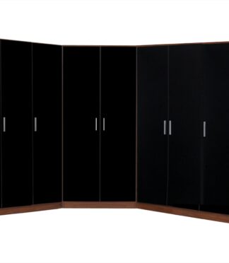 Reflect 4pc Wardrobe Bundle - 2 Door Corner + 2x 3 Door Plain + 1 Door Plain - Black Gloss & Walnut - H: 180cm x W: 179cm