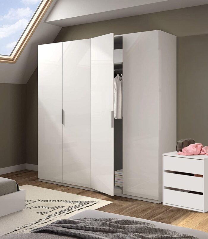 MAX Wardrobe 4 Door White 180cm + ARC 3 Drawer Internal Chest Storage Set.