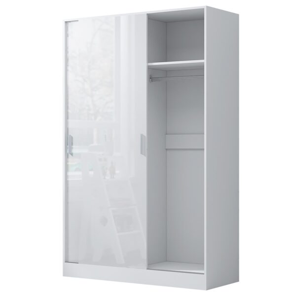 Reflect 2 Door Sliding Wardrobe - White Gloss & Matt White - Hanging Rails & Shelves - H:180cm x W:120cm x D: 58cm - Modern Design - Image 6