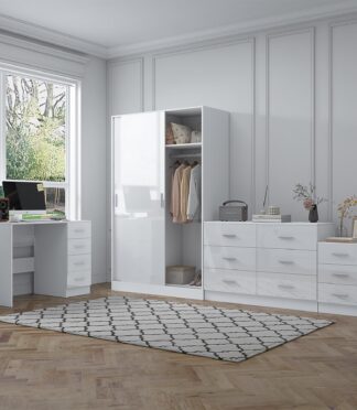 Reflect 2 Door Sliding Wardrobe, 6 Drawer Wide Chest, 3 Drawer Bedside, 4 Drawer Desk - White Gloss & Matt White - Modern Bedroom Furniture Set.