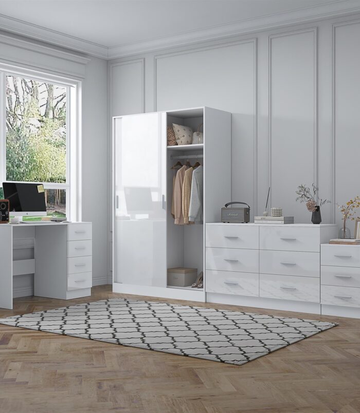 REFLECT Gloss 4pc Set - 2 Door Sliding Wardrobe + Wide Chest + Bedside + Desk.
